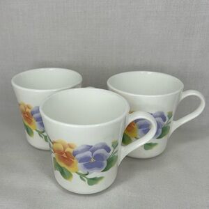 Corning USA Floral Pansy Ceramic Mugs Set/3 8-10oz Coffee Tea Cups Replacements
